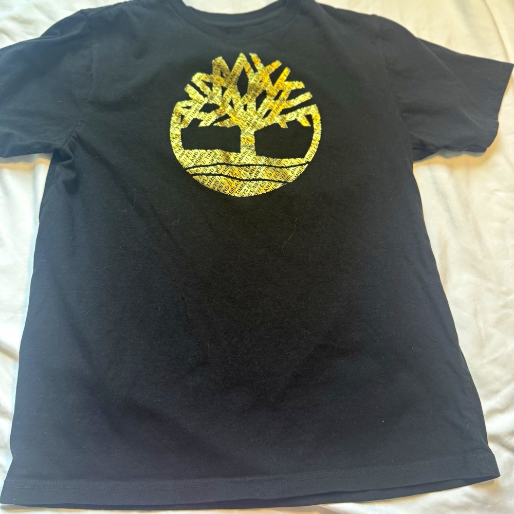 Timberland Boys L/G 14/16 Black Tee Gold Tree Logo Graphic Print Crew Neck